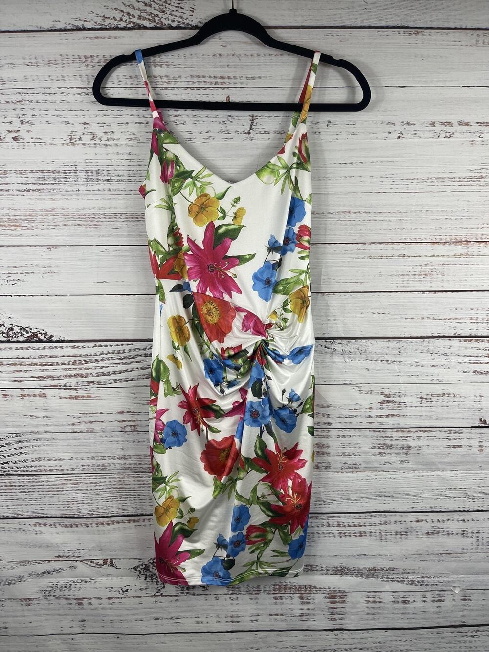 Guess Dress Women's SZ 0 White Multicolor Floral Ruched Bodycon Slip Mini V Neck